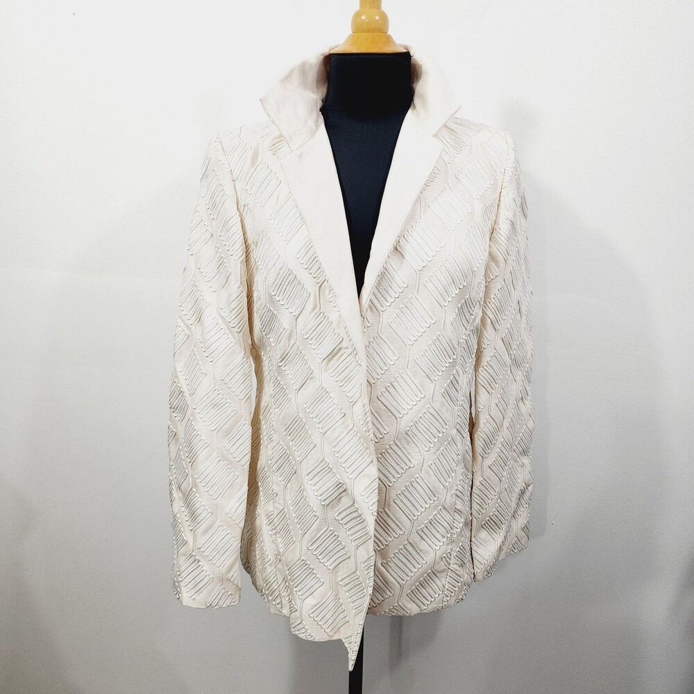 Linda Allard Ellen Tracy Cream Embroidered Silk Jacket Blazer Open Front Size 10